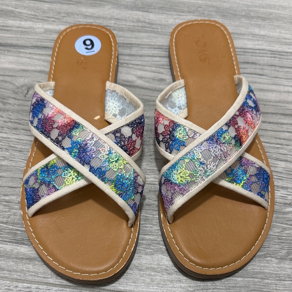 Toms Multicolor Lace Crisscross Slide Sandals with Tan Footbed